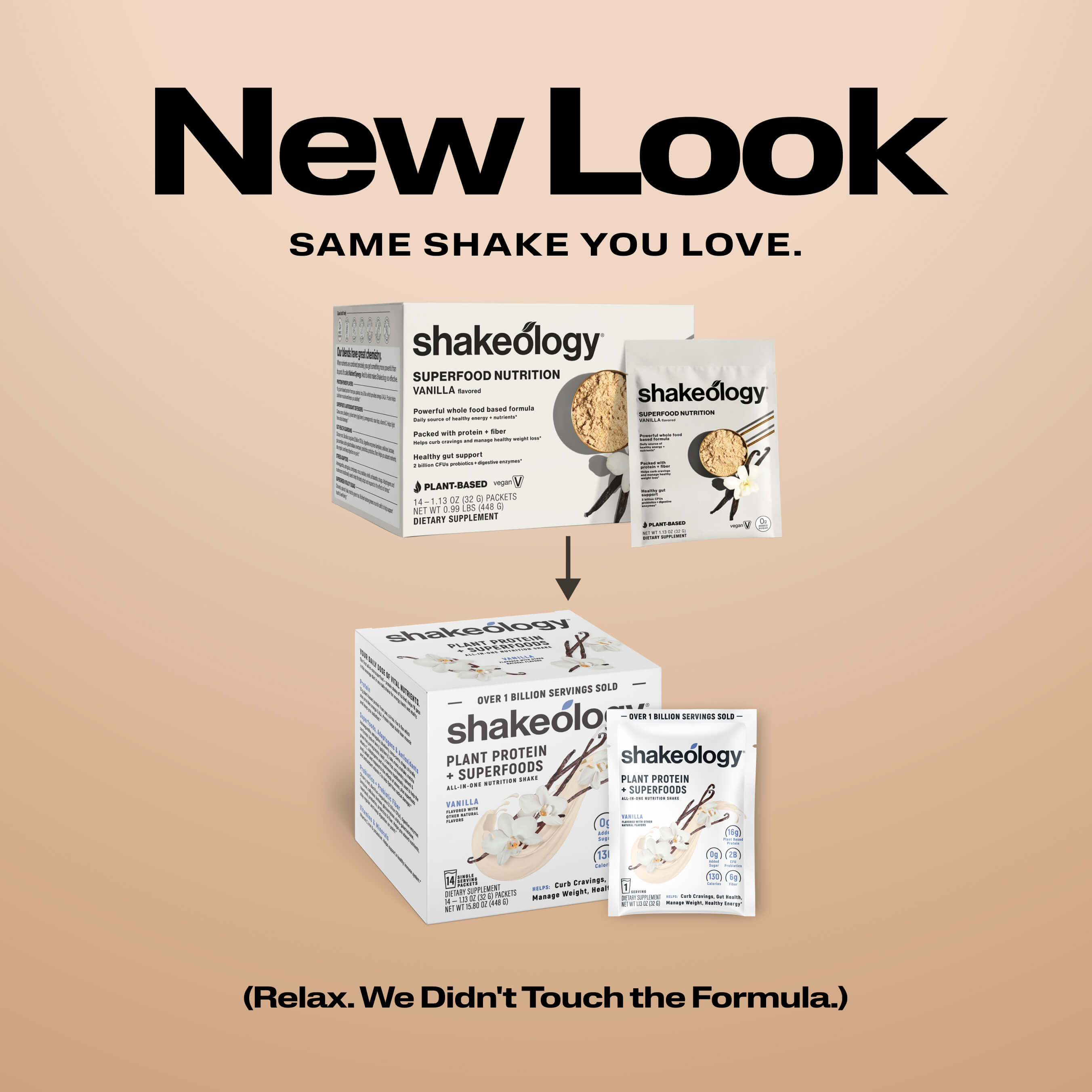 Promotional graphic for Shakeology protein showing a 'New Look' with the text 'SAME SHAKE YOU LOVE.' 