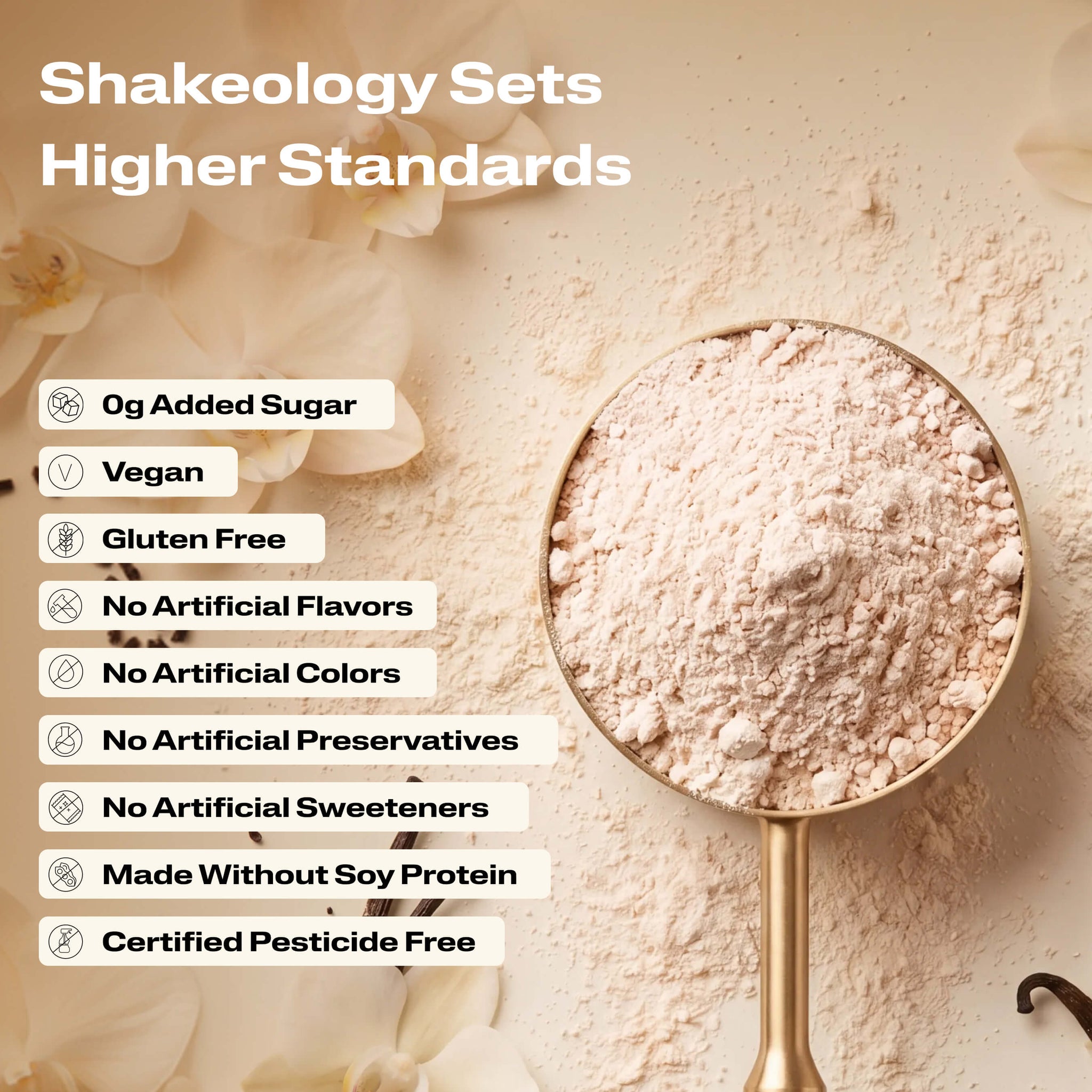 A close-up promotional graphic of Shakeology protein, superfood powder with validation callouts