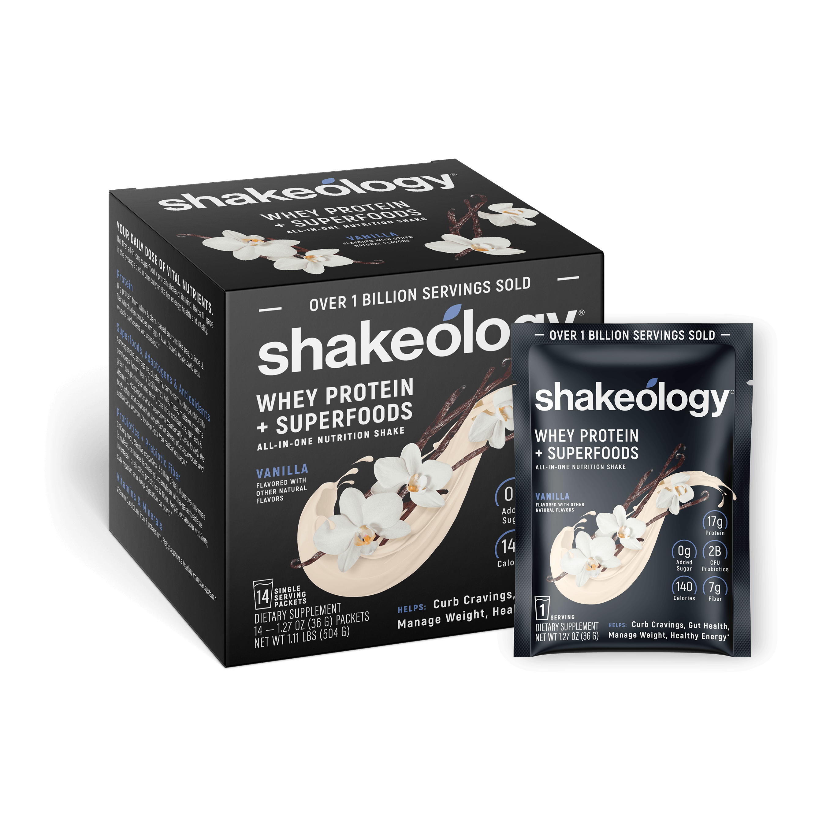 Shakeology Whey Protein + Superfoods shown as a retail box with a single sachet in front