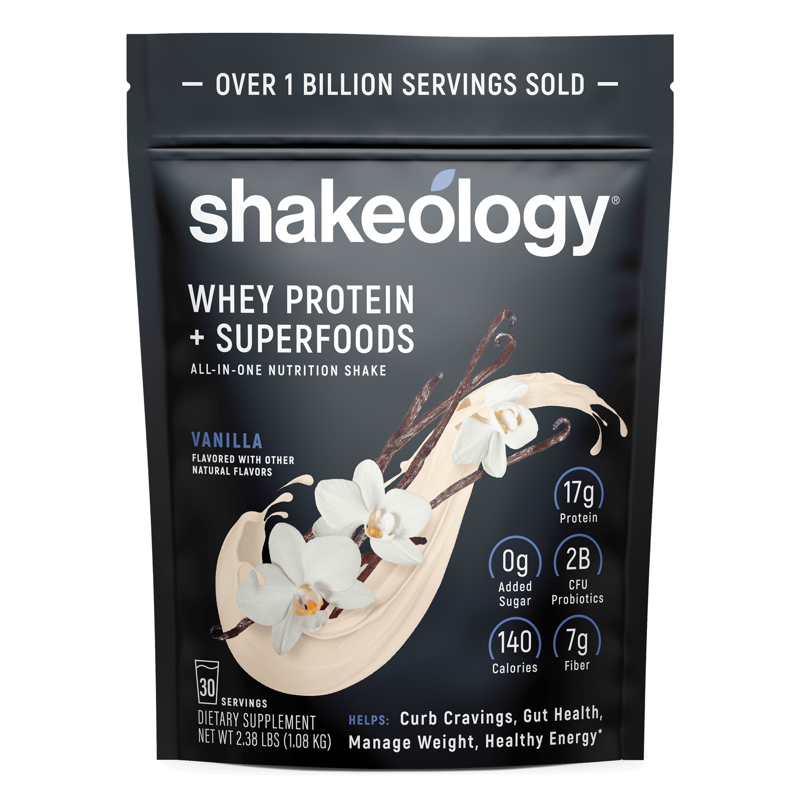 A stand-up pouch of Shakeology Whey Protein + Superfoods 