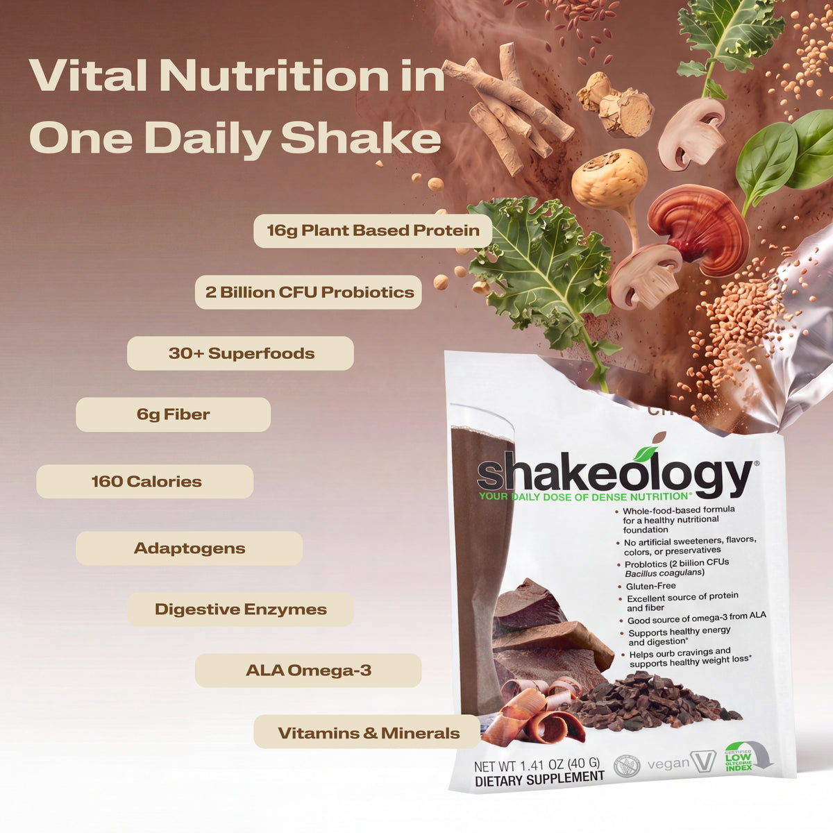 A promotional graphic for Shakeology Vital Nutrition in One Daily Shake. The left side features key nutritional benefits.
