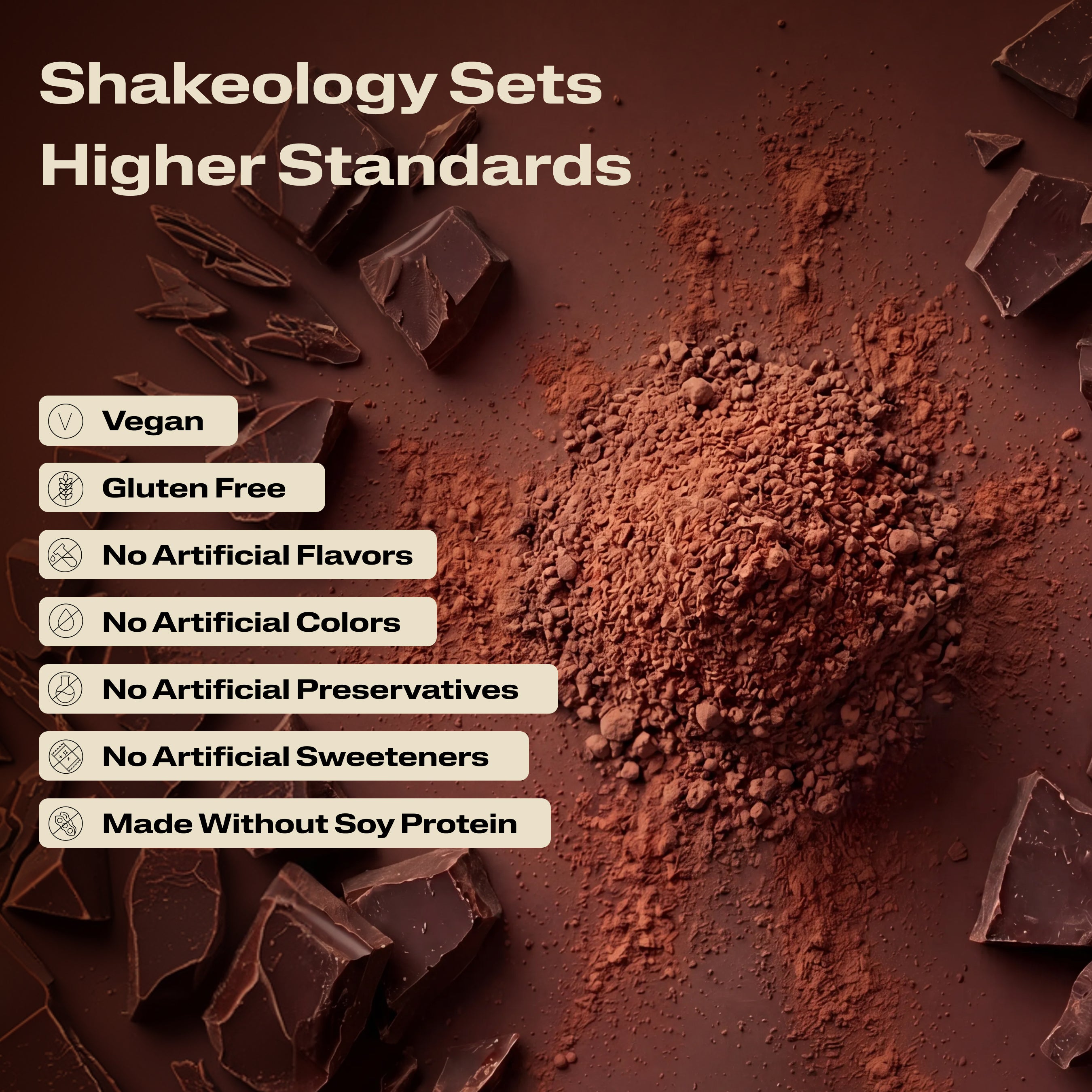 A close-up promotional graphic of Shakeology protein, superfood powder with validation callouts