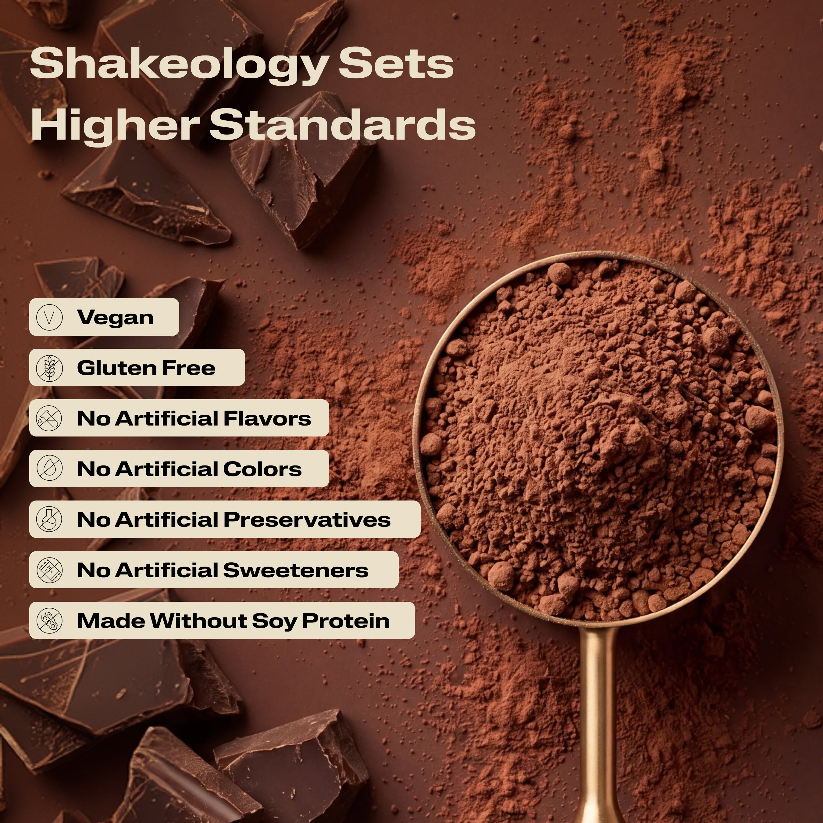 A close-up promotional graphic of Shakeology protein, superfood powder with validation callouts