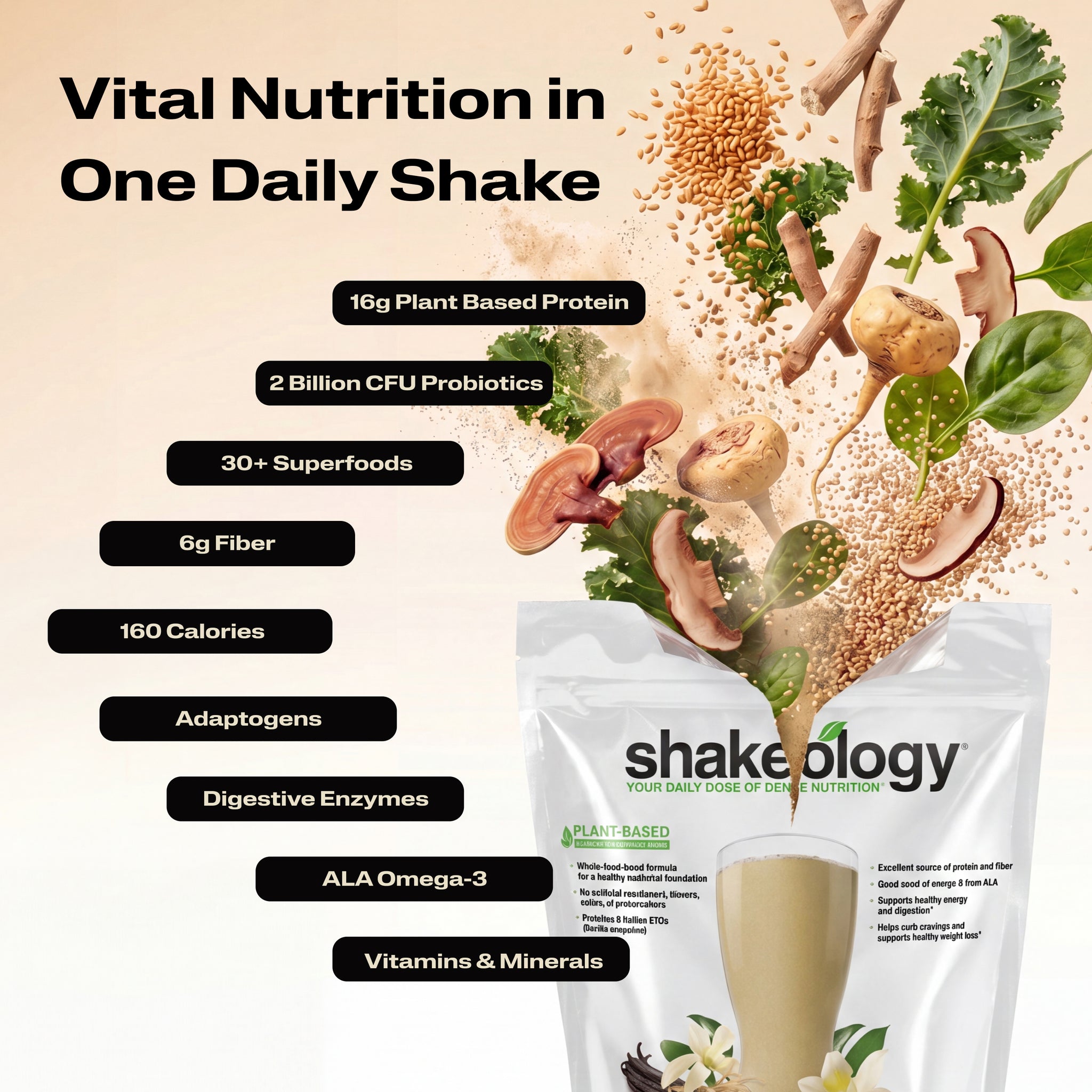 A promotional graphic for Shakeology Vital Nutrition in One Daily Shake. The left side features key nutritional benefits.