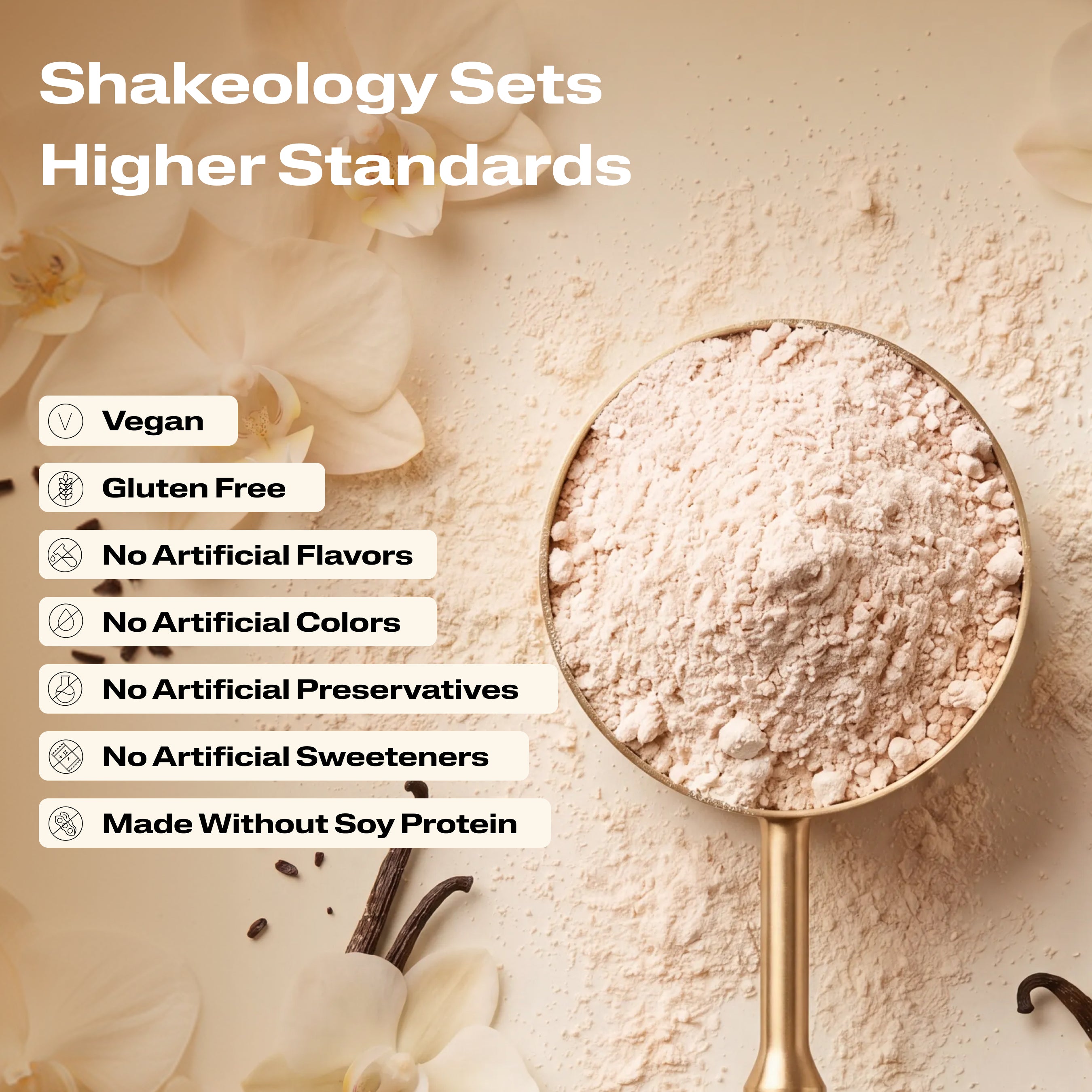 A close-up promotional graphic of Shakeology protein, superfood powder with validation callouts